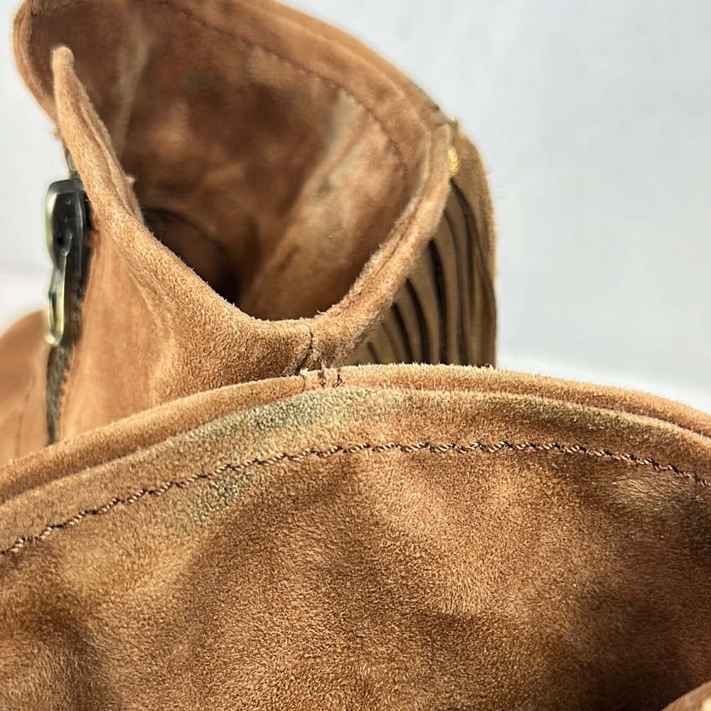 Sam Edelman Louie Womens Tan Suede Metallic Gold Fringe Booties Side Zip Sz 7.5 - Picture 13 of 16